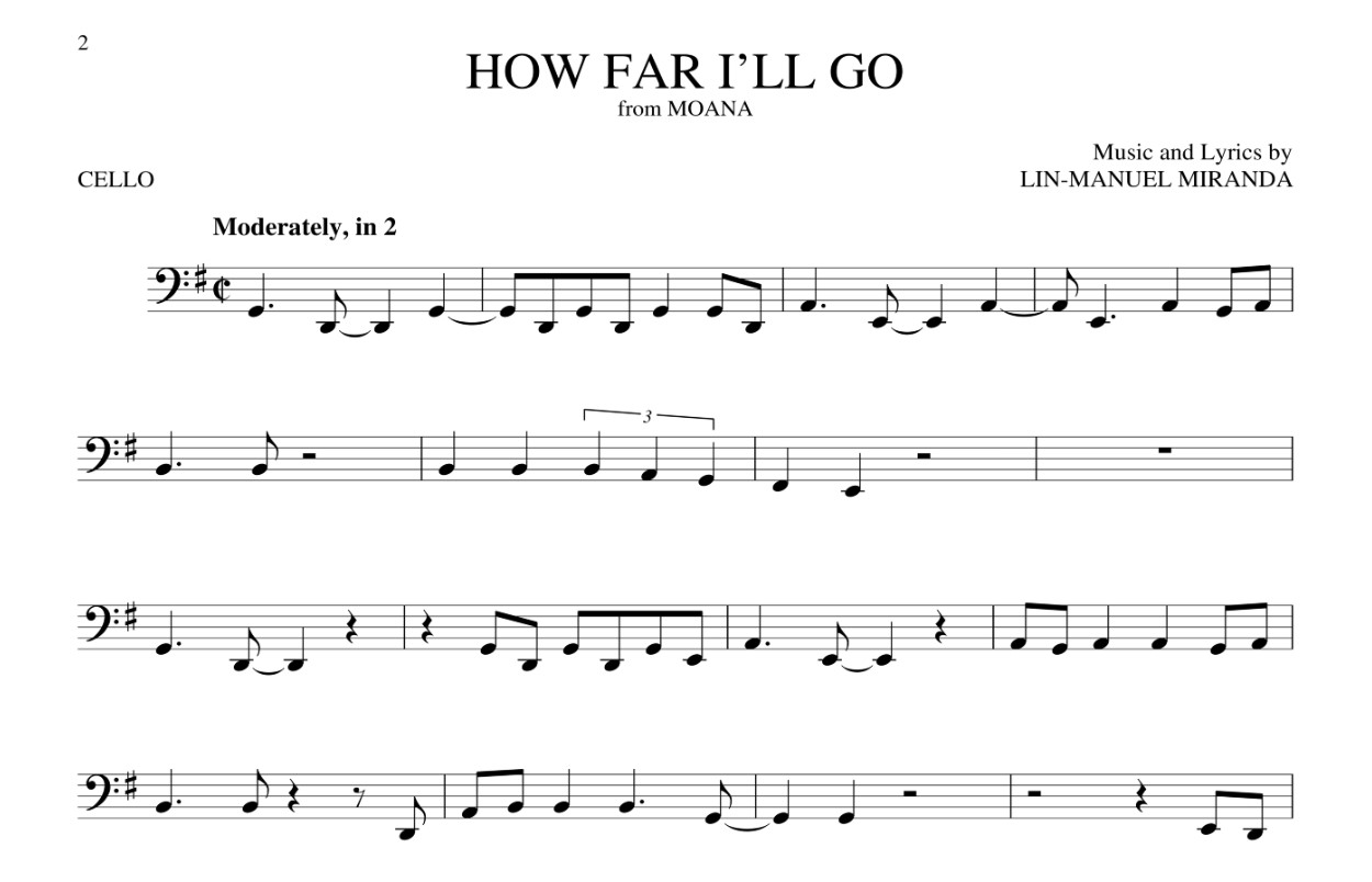 How Far I’ll Go Sheet Music For Cello