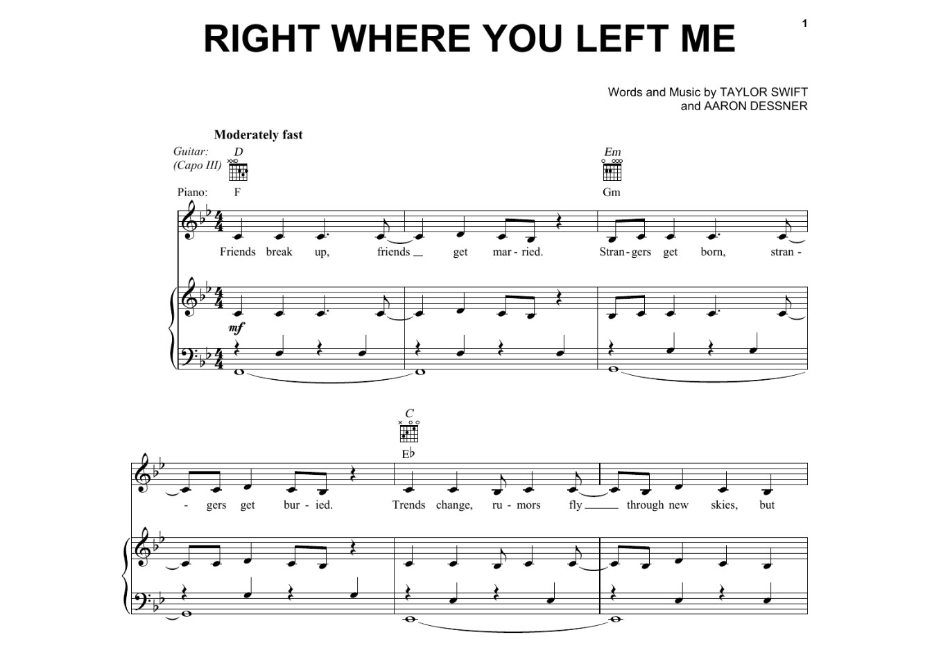 Right Where You Left Me Piano Sheet Music