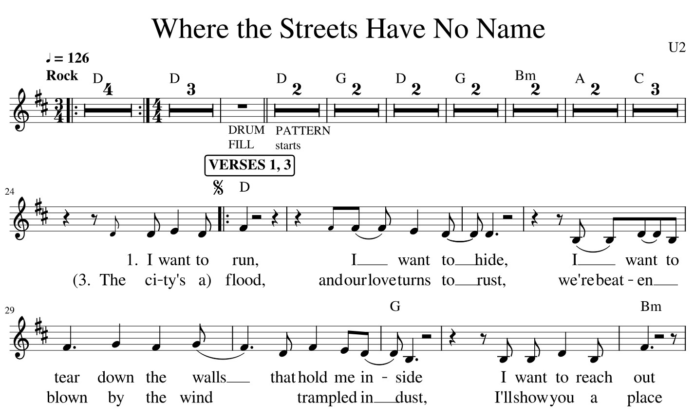 Where The Streets Have No Name Sheet Music